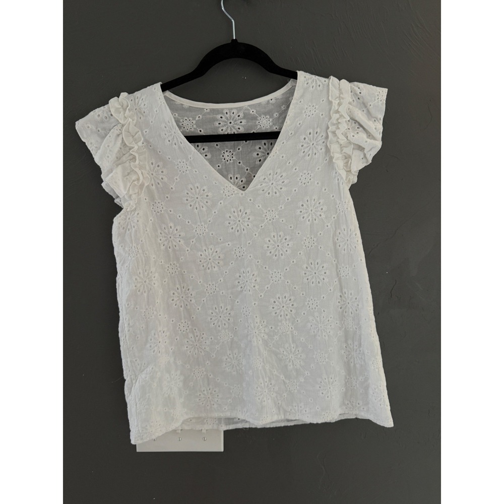 White Eyelet Lace Ruffle Cap Sleeve V-Neck Floral Boho Blouse‎ Top Womens Small